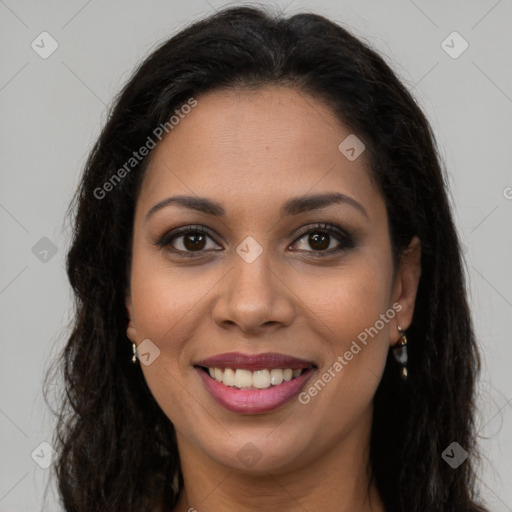 Joyful latino young-adult female with long  brown hair and brown eyes