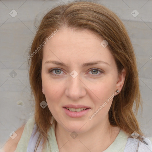 Joyful white young-adult female with medium  brown hair and blue eyes