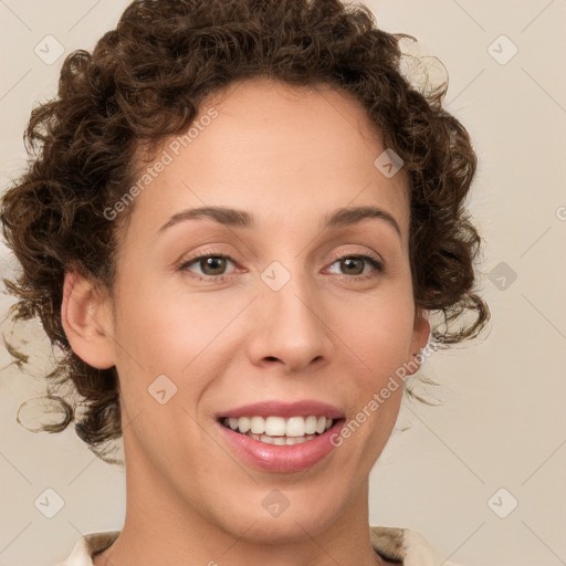 Joyful white young-adult female with medium  brown hair and green eyes