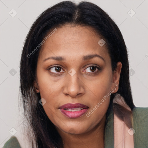 Joyful asian young-adult female with long  brown hair and brown eyes