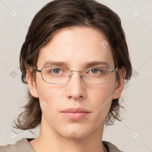 Neutral white young-adult female with medium  brown hair and grey eyes