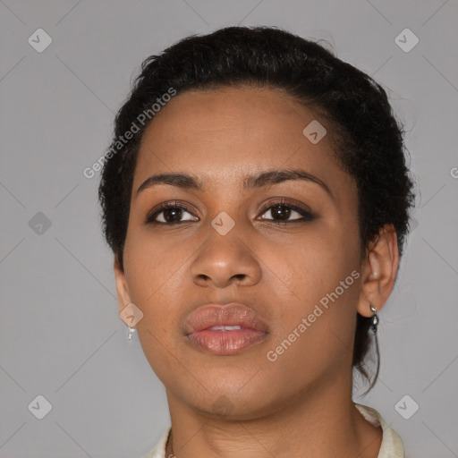 Neutral black young-adult female with short  black hair and brown eyes