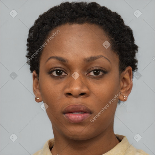 Neutral black young-adult female with short  brown hair and brown eyes