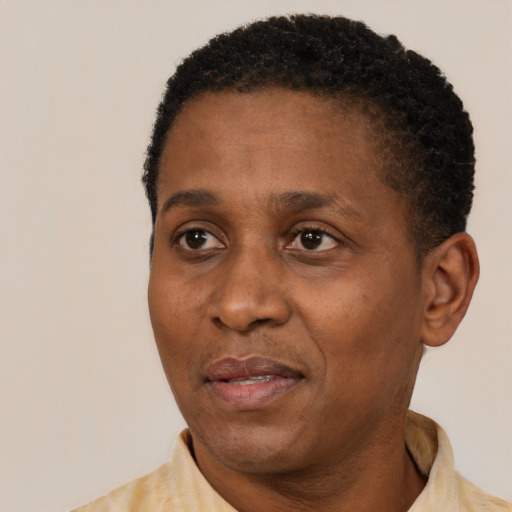 Neutral black adult female with short  brown hair and brown eyes