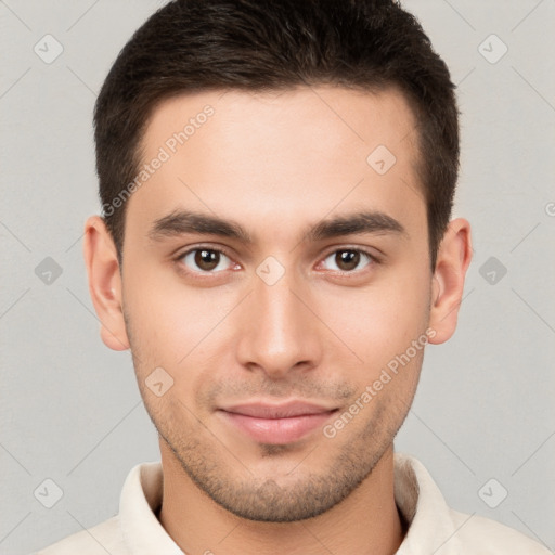 Neutral white young-adult male with short  brown hair and brown eyes