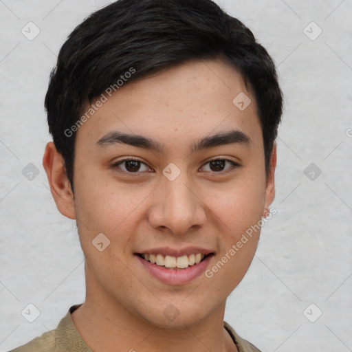 Joyful asian young-adult female with short  brown hair and brown eyes