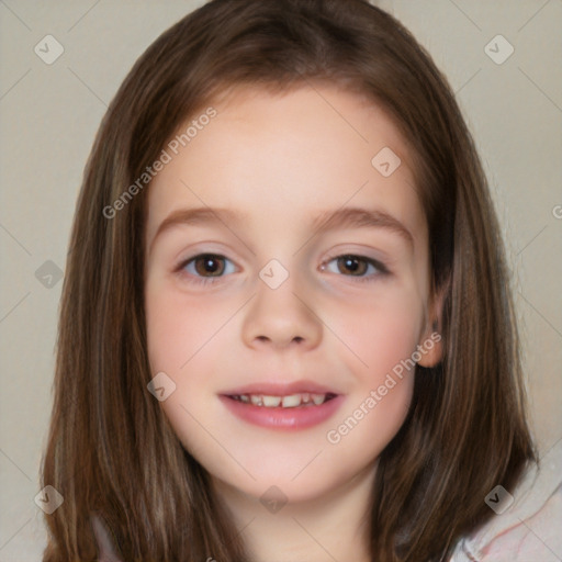 Joyful white child female with long  brown hair and brown eyes