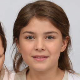 Joyful white child female with medium  brown hair and brown eyes