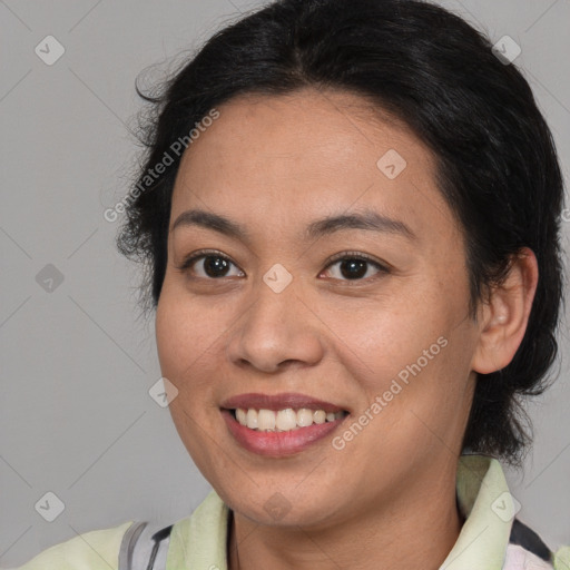 Joyful white young-adult female with medium  brown hair and brown eyes