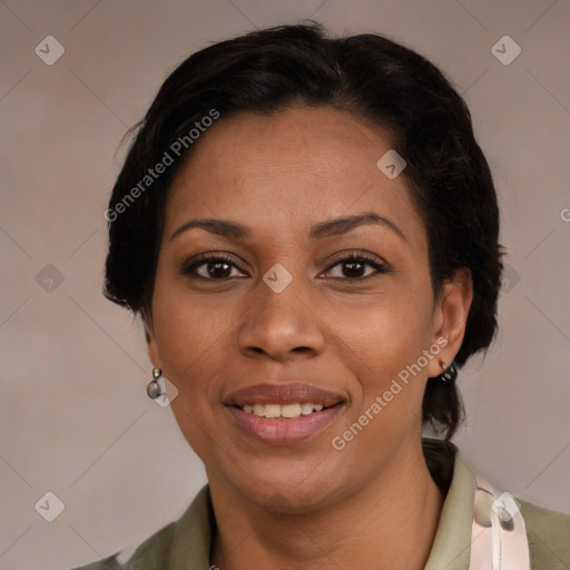 Joyful asian young-adult female with medium  black hair and brown eyes