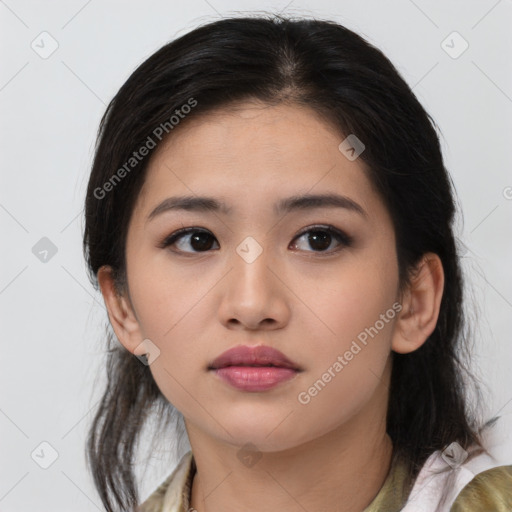 Neutral asian young-adult female with medium  brown hair and brown eyes