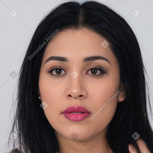 Neutral latino young-adult female with long  black hair and brown eyes