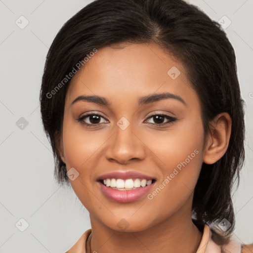 Joyful latino young-adult female with medium  brown hair and brown eyes