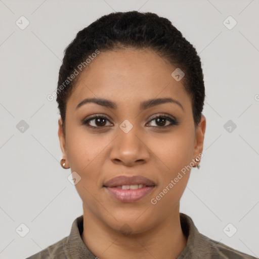 Joyful latino young-adult female with short  brown hair and brown eyes