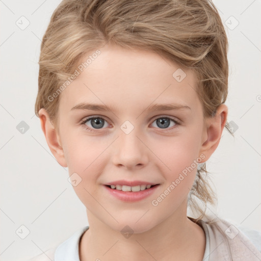 Joyful white child female with short  brown hair and grey eyes