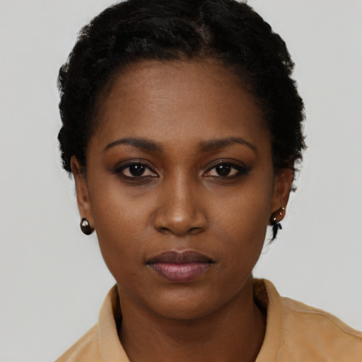 Neutral black young-adult female with short  black hair and brown eyes