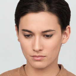 Neutral white young-adult female with short  brown hair and brown eyes