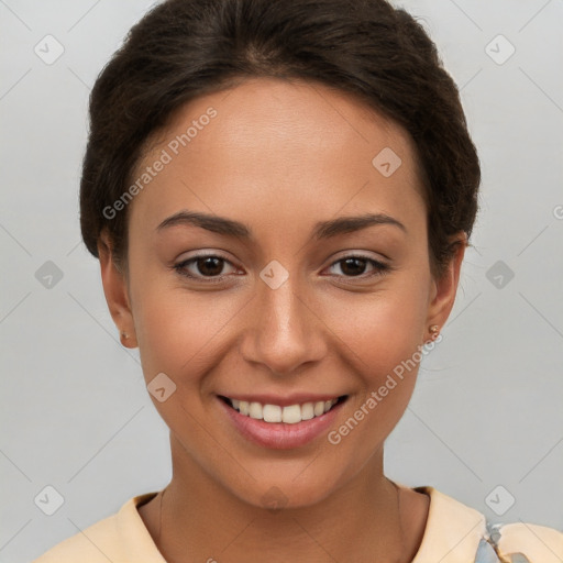 Joyful white young-adult female with short  brown hair and brown eyes