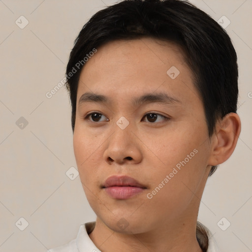Neutral asian young-adult male with short  black hair and brown eyes