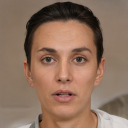 Neutral white young-adult female with short  brown hair and brown eyes