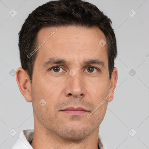 Neutral white adult male with short  brown hair and brown eyes