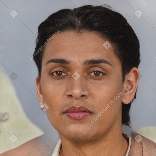 Neutral black young-adult female with short  black hair and brown eyes
