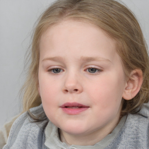 Neutral white child female with medium  brown hair and blue eyes