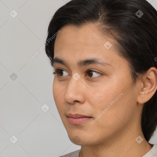 Neutral asian young-adult female with medium  brown hair and brown eyes