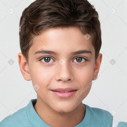 Joyful white child male with short  brown hair and brown eyes