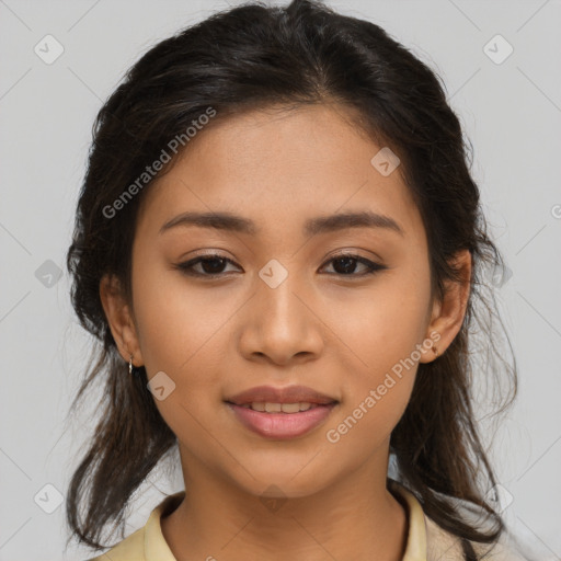 Joyful latino young-adult female with medium  brown hair and brown eyes