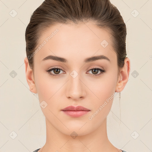 Neutral white young-adult female with short  brown hair and brown eyes