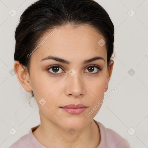 Neutral white young-adult female with medium  brown hair and brown eyes