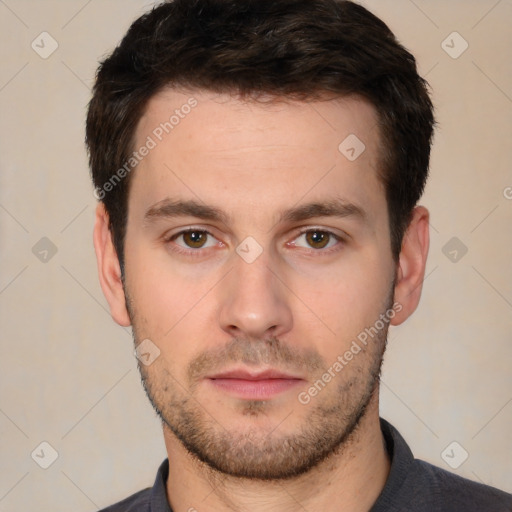 Neutral white young-adult male with short  brown hair and brown eyes