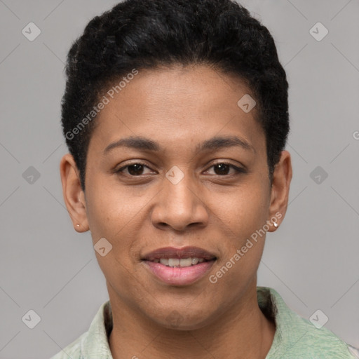 Joyful latino young-adult female with short  black hair and brown eyes