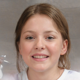 Joyful white child female with medium  brown hair and blue eyes