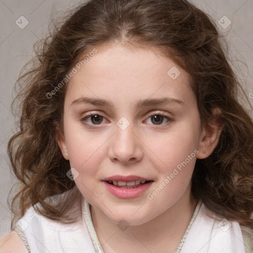 Joyful white child female with medium  brown hair and brown eyes