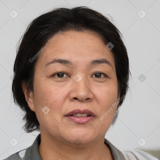 Joyful white adult female with medium  brown hair and brown eyes