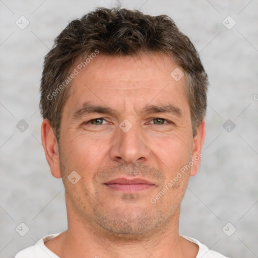 Neutral white adult male with short  brown hair and brown eyes