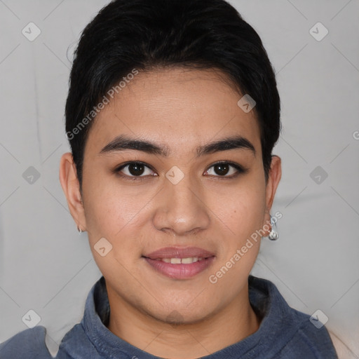 Joyful white young-adult female with short  brown hair and brown eyes