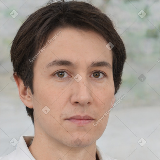 Neutral white adult male with short  brown hair and brown eyes