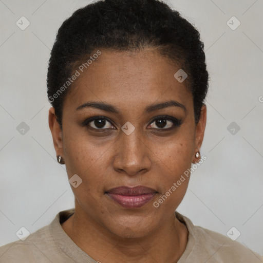 Joyful black young-adult female with short  brown hair and brown eyes