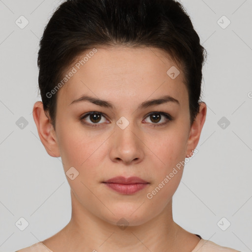 Neutral white young-adult female with short  brown hair and brown eyes