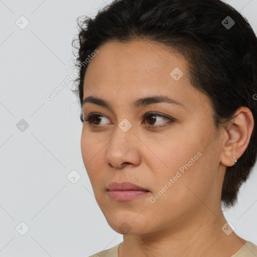 Neutral white young-adult female with short  brown hair and brown eyes