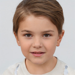 Joyful white child female with short  brown hair and brown eyes