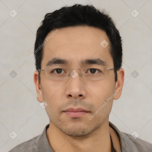 Neutral asian young-adult male with short  black hair and brown eyes