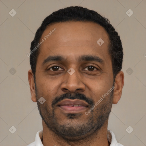 Neutral latino adult male with short  black hair and brown eyes