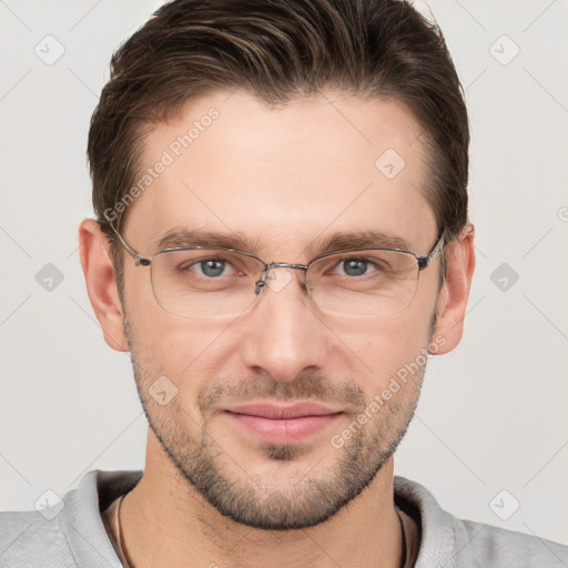 Joyful white adult male with short  brown hair and grey eyes