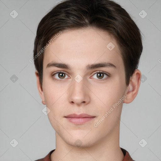 Neutral white young-adult male with short  brown hair and brown eyes