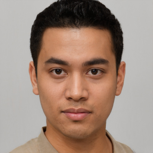 Neutral asian young-adult male with short  brown hair and brown eyes