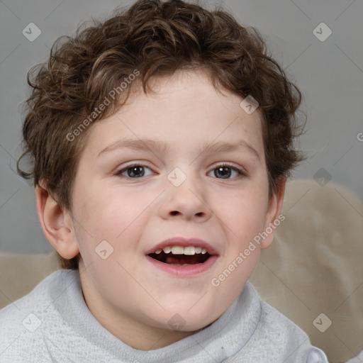 Joyful white child male with short  brown hair and brown eyes